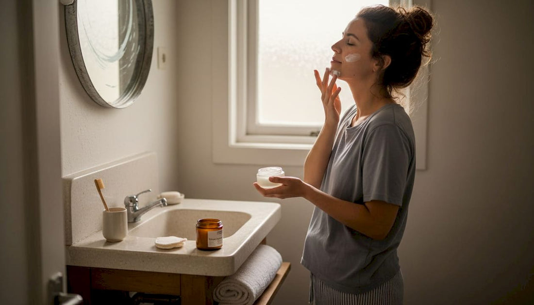 In de badkamer kiest een vrouw bewust voor milieuvriendelijke verzorgingsproducten.