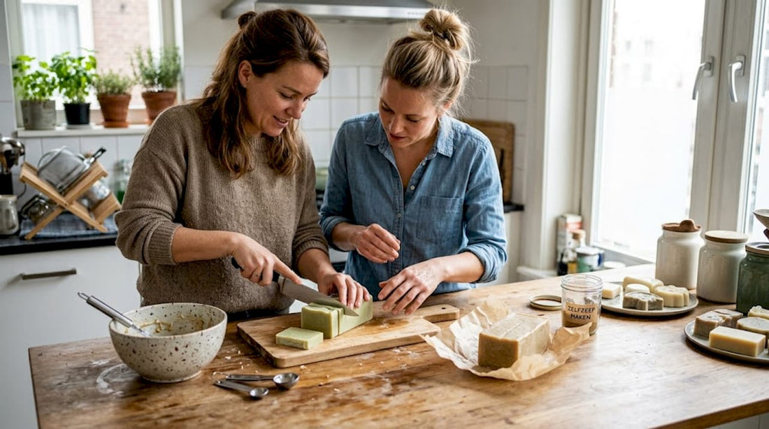 Twee vrouwen zijn in de keuken bezig met het snijden van zelfgemaakte zeep.