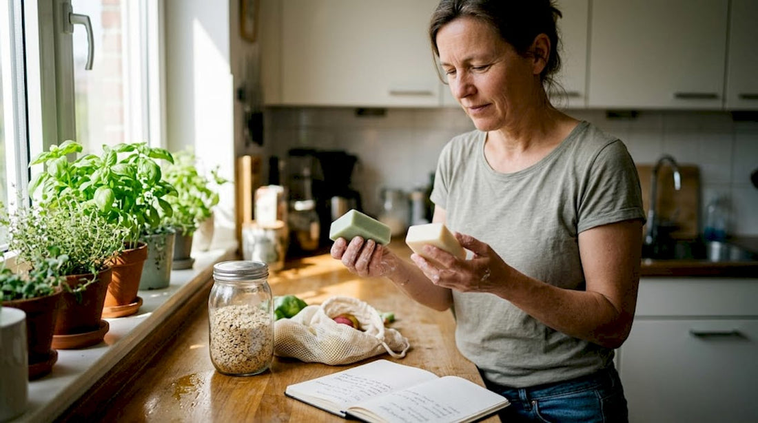 Een vrouw staat in de keuken en vergelijkt verschillende veganistische zeepjes met elkaar.