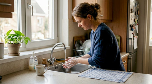 Een vrouw wast haar handen met vloeibare zeep bij de keukenkraan.