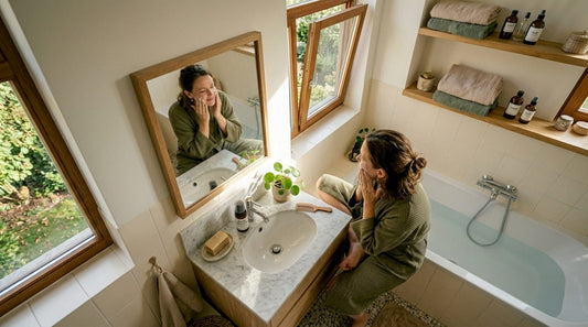 Een vrouw gebruikt een natuurlijke schuimspray om de badkamer schoon te maken.