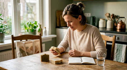 Een vrouw zit aan de keukentafel verschillende natuurlijke zepen met elkaar te vergelijken.