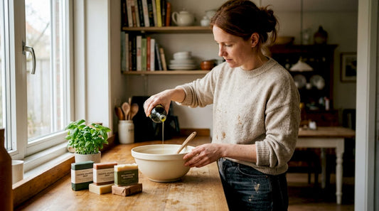 In haar eigen keuken maakt een vrouw haar eigen biologische olijfoliezeep.