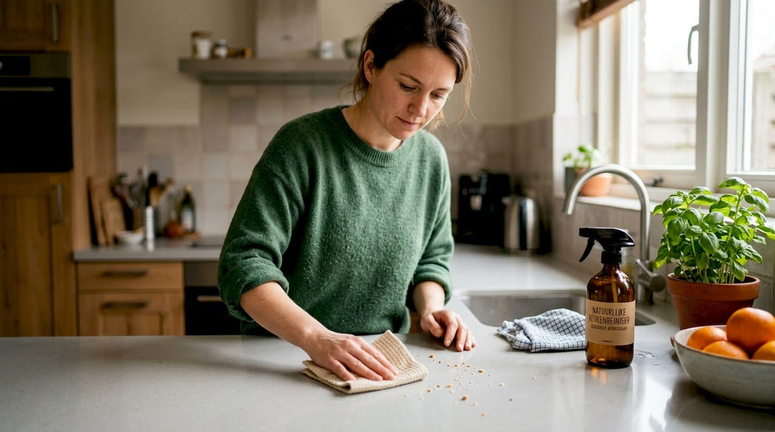 Een vrouw maakt het aanrecht schoon met milieuvriendelijke schoonmaakmiddelen.