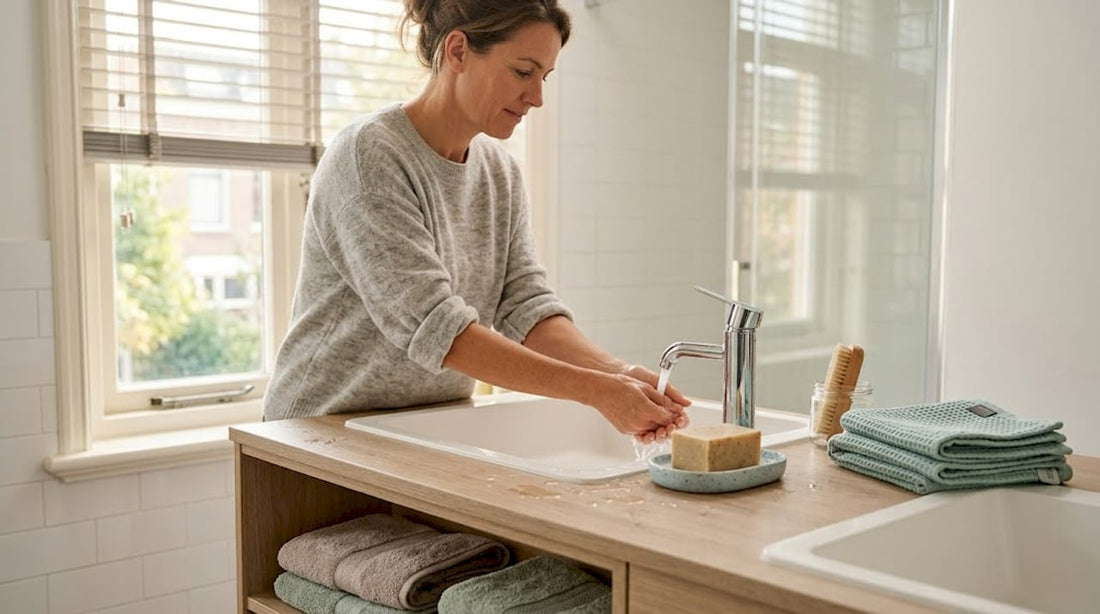 Een vrouw wast haar handen in de badkamer van het gezin.