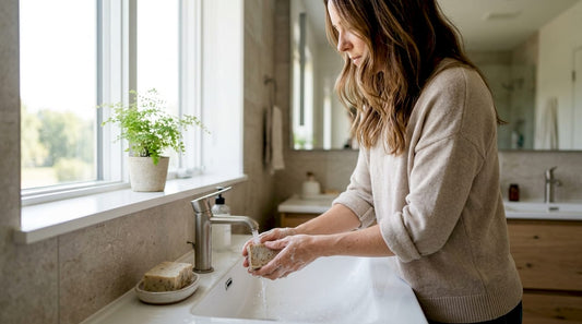 Een vrouw wast zich in de badkamer met een stuk natuurlijke zeep.