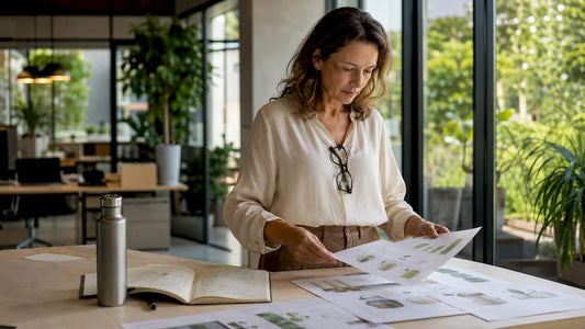Een specialist op het gebied van duurzaamheid verdiept zich in rapporten over verpakkingsmateriaal.