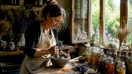 Een vrouw maakt natuurlijke kleurstoffen van planten klaar.