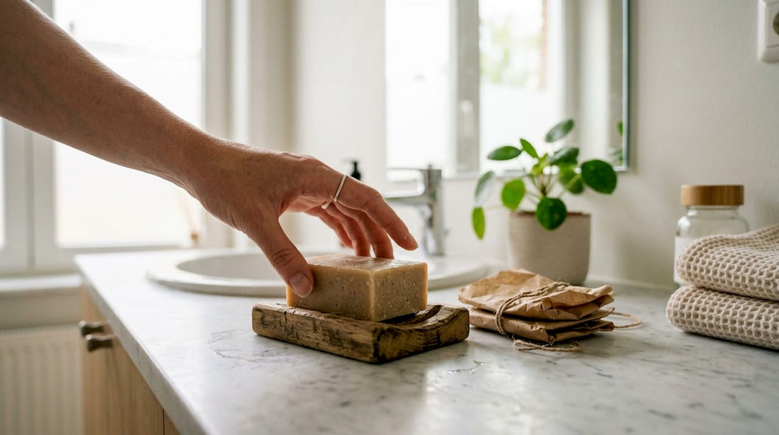 Met de hand een stuk zeep uitkiezen in een milieuvriendelijke badkamer
