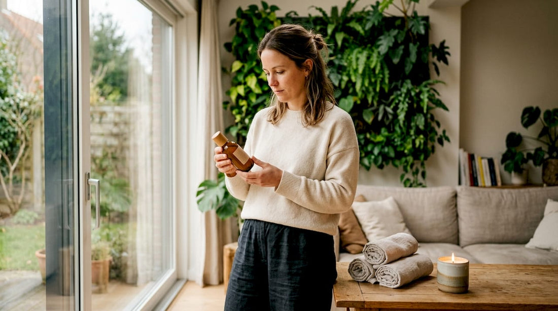 Vrouw onderzoekt een huidverzorgingsproduct zonder parfum