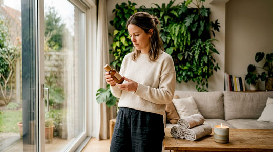 Vrouw onderzoekt een huidverzorgingsproduct zonder parfum
