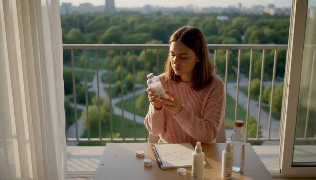 Een vrouw bekijkt aandachtig de ingrediënten op de verpakking van haar cosmetica.
