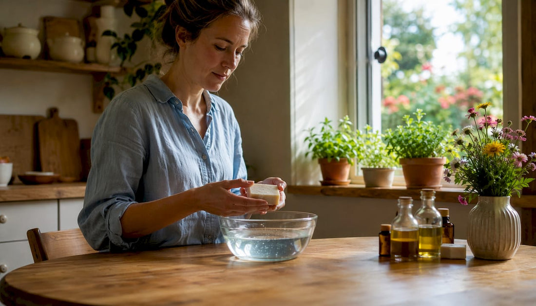 Een vrouw wast zich met een plantaardige zeep in een sfeervolle, natuurlijk ingerichte badkamer.