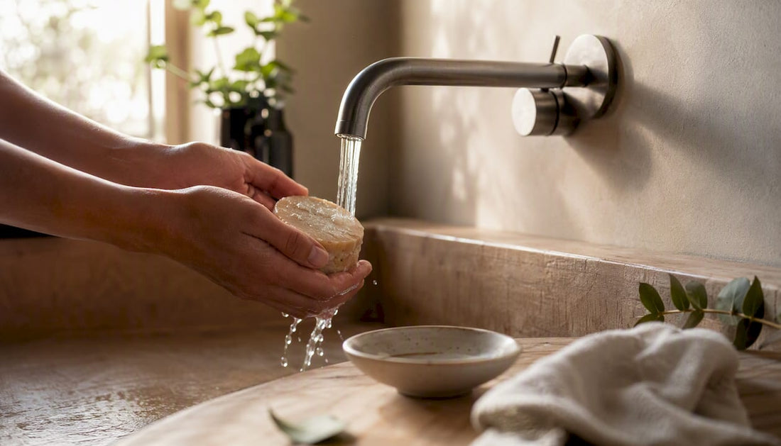 Met natte handen het haar boven de wasbak inzepen met de rand van een shampoobar.