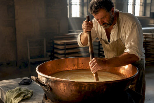 Traditionele olijfzeep maken in een koperen ketel