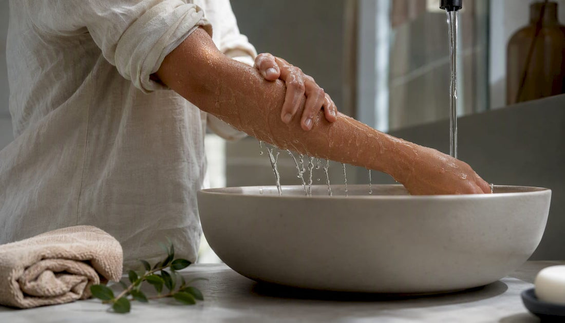 Hand die onderarm wast bij de wastafel