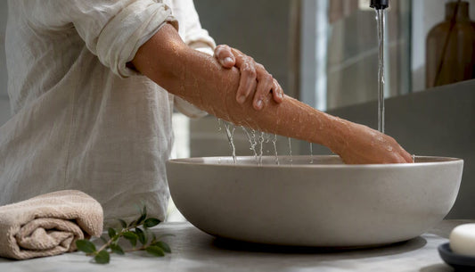 Hand die onderarm wast bij de wastafel