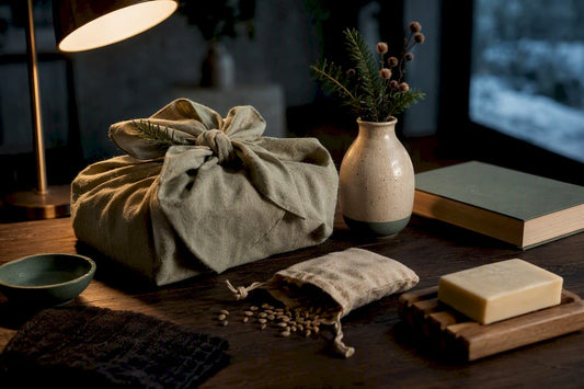 Duurzame kerstcadeaus op een houten tafel