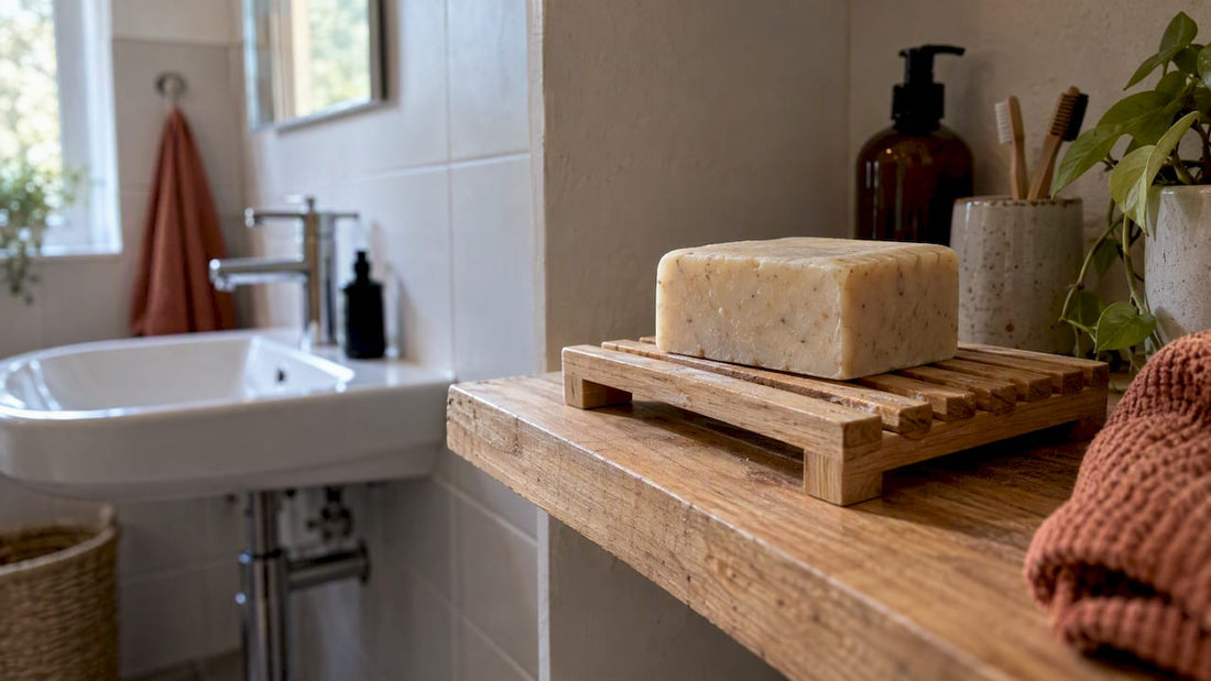 Zeepblokje droog op houten badkamerraster