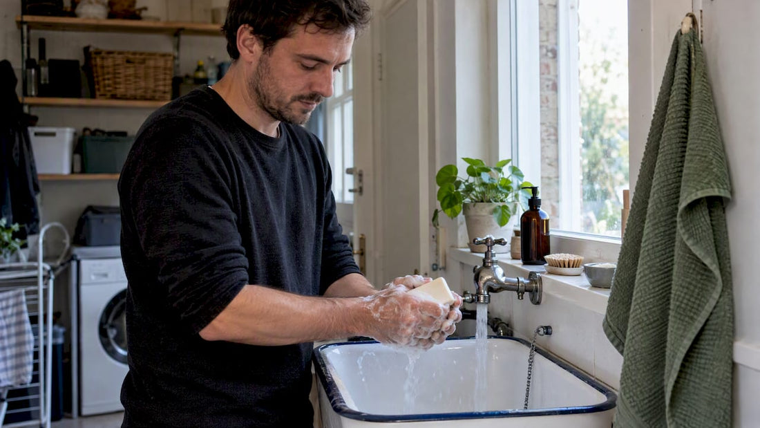 Handen die natuurlijke zeep schuimend boven een wasbak wassen