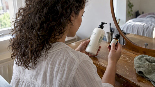 Vrouw bekijkt de etiketten van een lotion en etherische olie