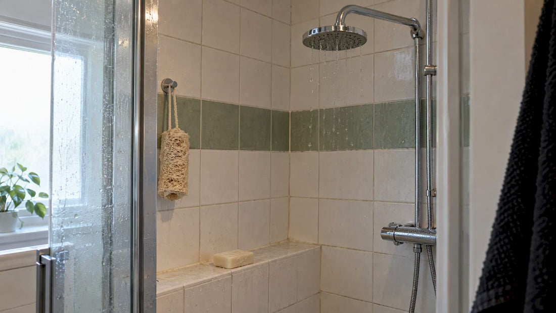 Vaste zeep en een loofah in de douche